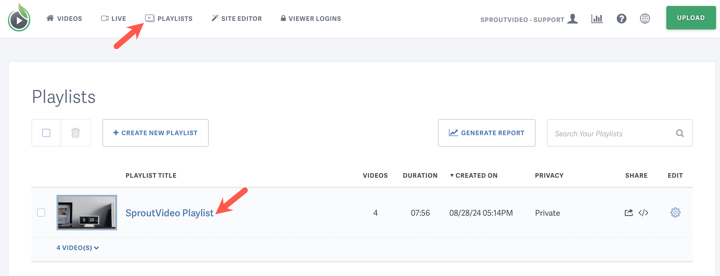 Select the playlist hosted by SproutVideo you want to edit